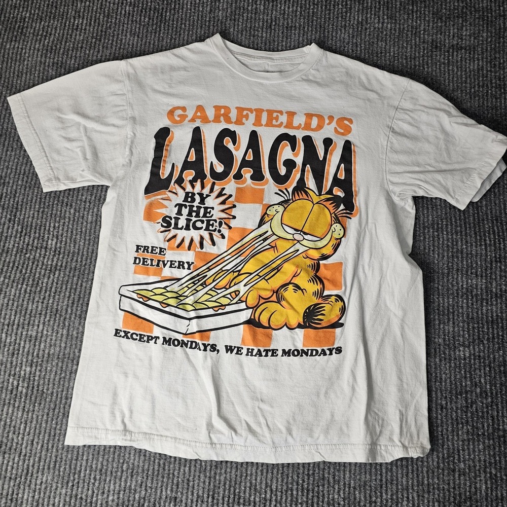 Garfield Lasagna By The Slice Shirt Mens Medium White Graphic Cartoon Food Tee